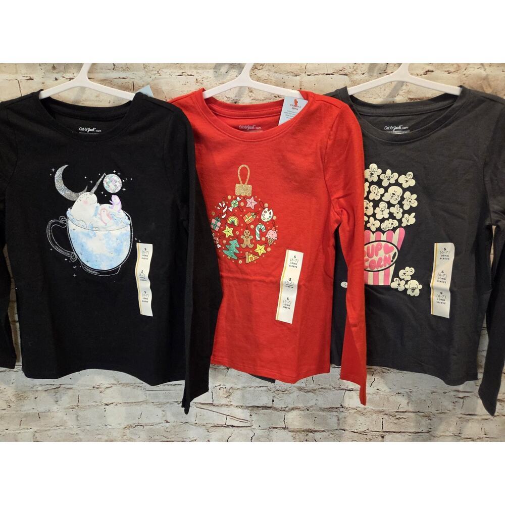 Cat & Jack Girls Christmas Long Sleeve Tops Set Of 3 Size Small